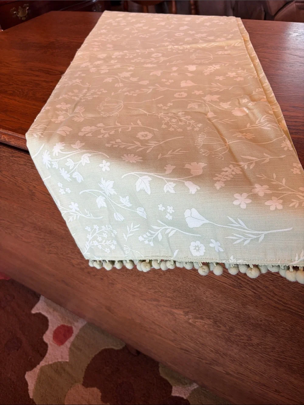 Green Floral Jacquard Table Runner with Pom Trim